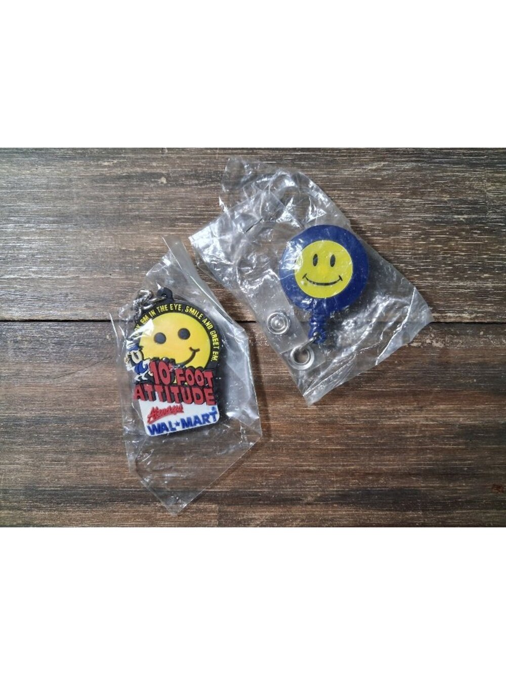 Vintage Walmart Employee Badge Pull Always Smiley Face Greet Attitude Keychain